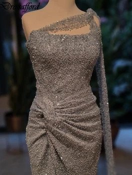 Серебряное вечернее платье-русалка с блестками и бисером на одно плечо, вечернее платье с высоким разрезом и лентами, вечернее платье для официальных вечеринок
