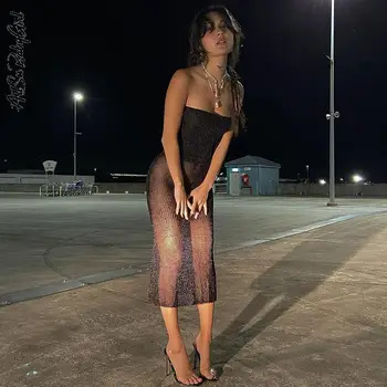 Сетчатое платье, сексуальное платье без бретелек, женское прозрачное летнее платье, облегающая клубная одежда для вечеринок, однотонная уличная одежда, блестящее черное платье