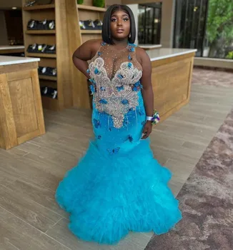 Синее длинное вечернее платье-русалка для женщин с серебряной бабочкой Dimaond Crystal Butterfly Черное платье для выпускного вечера на день рождения для девочек Юбка с оборками
