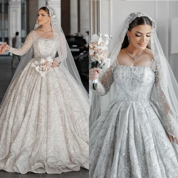 Современное свадебное платье трапециевидной формы с 3D-кружевом, блестящие бусины, сексуальное бальное платье с квадратным вырезом, большие размеры, свадебные платья со шлейфом, платье на заказ