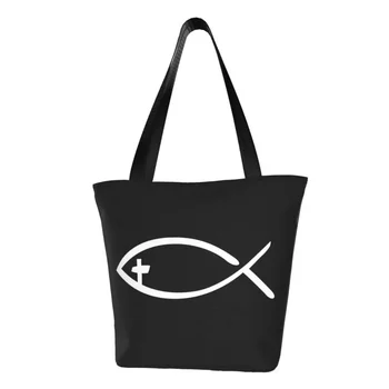 Сумка для покупок с продуктами Jesus Fish, холщовая сумка для покупок с принтом Kawaii, большая вместительная христианская сумка