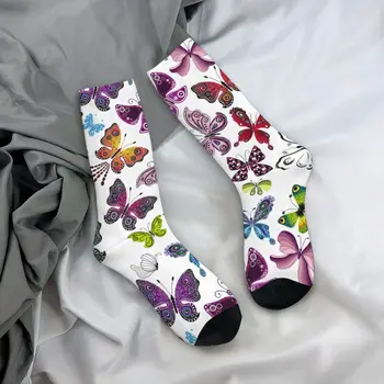 Счастливые забавные мужские носки, повседневные носки с рисунком бабочки, полиэстеровые красочные женские носки с бабочками, лето, Осень, Зима