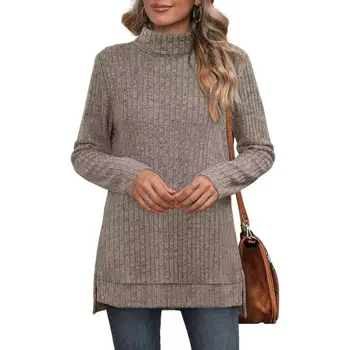 Теплый толстый женский свитер, уютный стильный женский свитер с высоким воротом, мягкий вязаный пуловер с разрезом по бокам, длинные рукава для согревания.