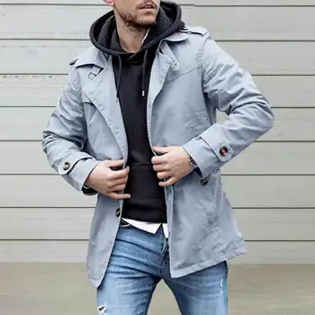 Удобная куртка Стильный мужской тренч средней длины, Ветрозащитная повседневная уличная куртка с декором на пуговицах с лацканами на осень