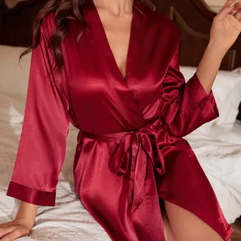 Халат с V-образным вырезом, кимоно, ночная рубашка, женский халат, халат для отдыха, бордовый женский шелковистый атлас, пижамы, весенне-летнее домашнее платье