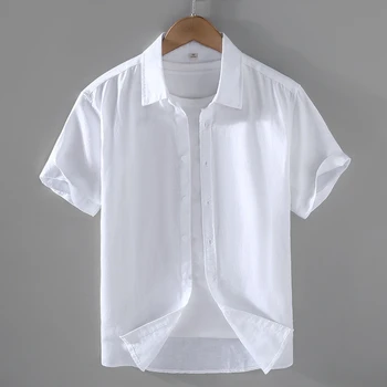 Хлопчатобумажные льняные мужские рубашки с короткими рукавами, летняя уличная одежда, однотонный воротник-стойка, повседневный пляжный стиль, плюс размер M-3XL