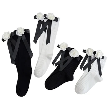 Хлопчатобумажные Носки для женщин Japanese JK Girls Sweet Camellia Flower Bowknot, носки длиной до икр, носки средней длины с трубкой