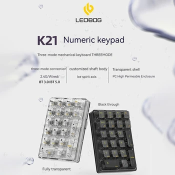Цифровая клавиатура Leobog K21 Беспроводная Bluetooth Трехрежимная Прозрачная Внешняя Механическая Настраиваемая панель Цифровые клавиатуры с горячим подключением
