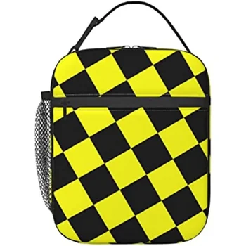 Черно-желтая клетчатая сумка для ланча для мужчин, женская сумка-тоут, изолированные сумки-холодильники, многоразовый ланч-бокс для колледжа, работы, офиса, пикника