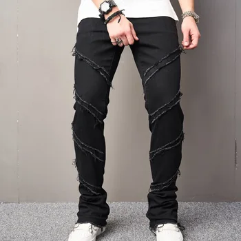 Черные расклешенные джинсы для мужчин, удлиненные облегающие брюки с заплатками, эластичные потертые мужские джинсовые штаны