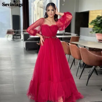 Элегантное красное платье Sevintage для выпускного вечера из тюля трапециевидной формы с открытыми плечами и рюшами, вечерние платья длиной до пола, женское вечернее платье