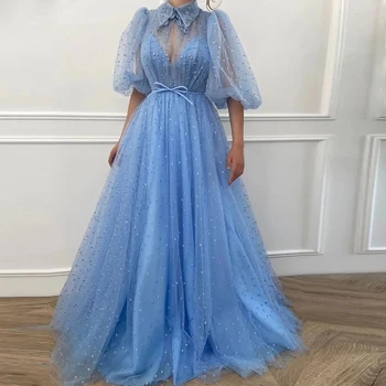 Элегантное синее вечернее платье с пышными рукавами, платье принцессы для банкета на день рождения, платье для выпускного вечера в тюлевой перспективе на заказ