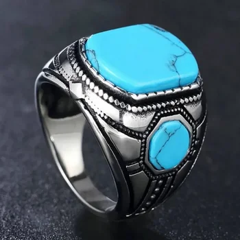 Этнический Серебристый Металл Ручной работы с резьбой в стиле Панк Кольца для мужчин Винтажное Квадратное Инкрустированное кольцо с синим камнем Ювелирные изделия